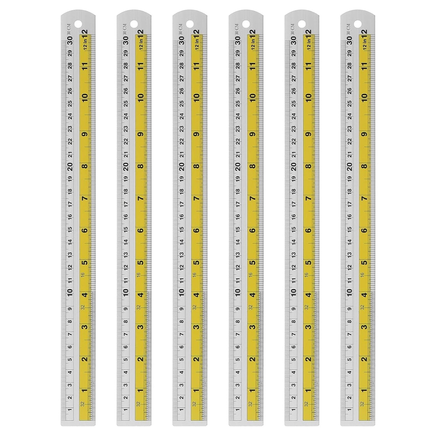 HARFINGTON 6pcs Metal Straight Ruler 30cm Metric SAE Aluminum Alloy Measuring Rulers Scale Tool with Hole for Measure Study Reading Classroom Office, Yellow