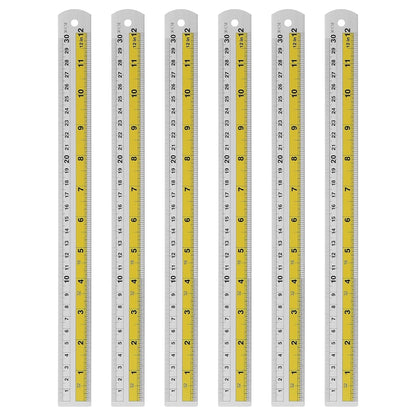 HARFINGTON 6pcs Metal Straight Ruler 30cm Metric SAE Aluminum Alloy Measuring Rulers Scale Tool with Hole for Measure Study Reading Classroom Office, Yellow