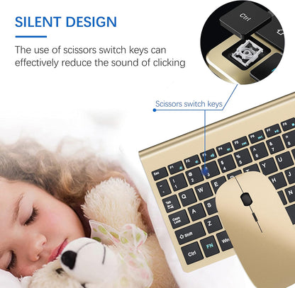 Wireless Keyboard and Mouse Ultra Slim Combo, TopMate 2.4G Silent Compact USB 2400DPI Mouse and Scissor Switch Keyboard Set with Cover, 2 AA and 2 AAA Batteries, for PC/Laptop/Windows/Mac - Gold Black