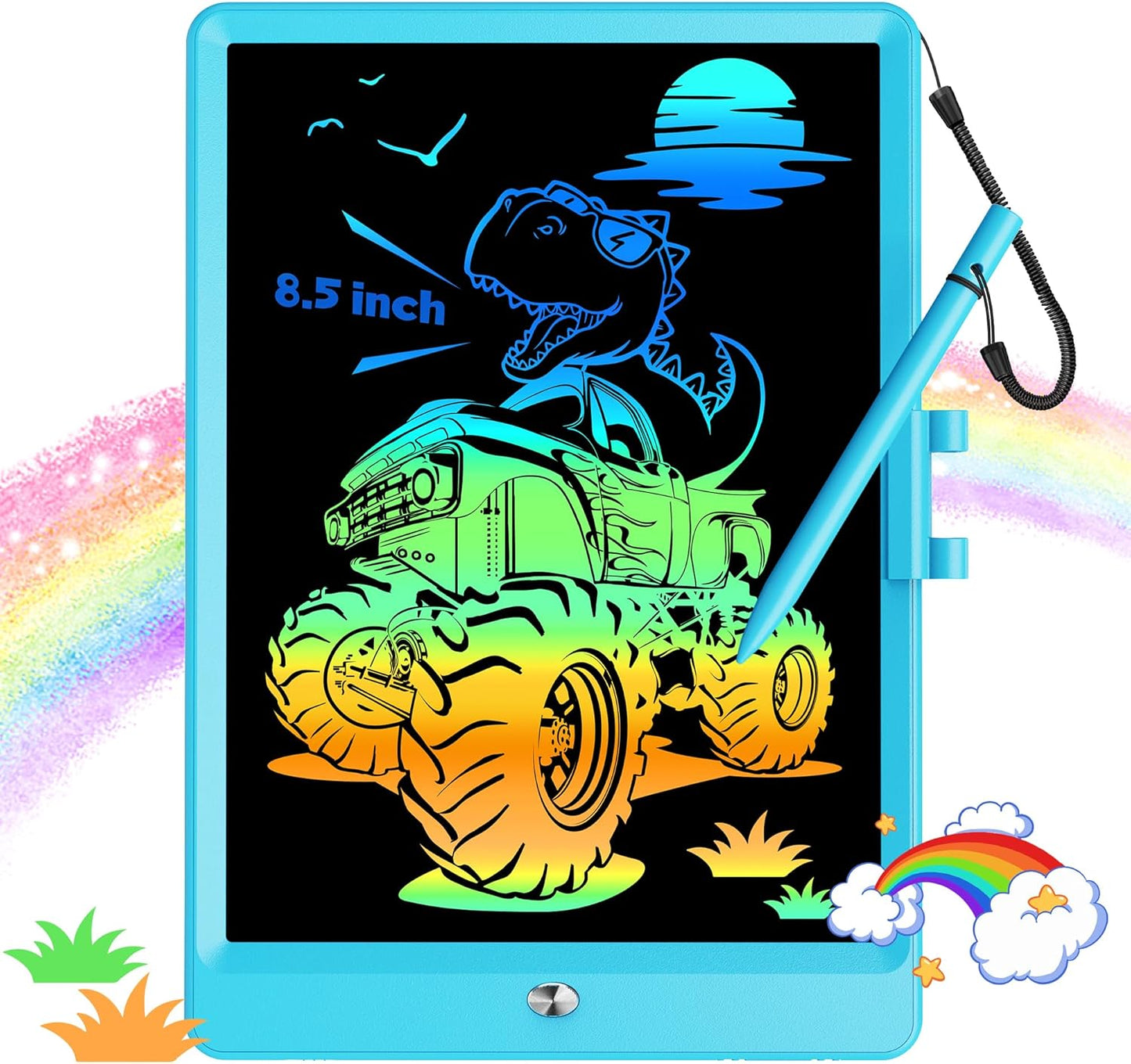 KOKODI 8.5 Inch LCD Writing Tablet with Anti-Lost Stylus, Erasable Doodle Board Colorful Toddler Drawing Pad, Car Travel School Games Toys for 3 4 5 6 7 8 Kids, Birthday Gift for Girls Boys Blue