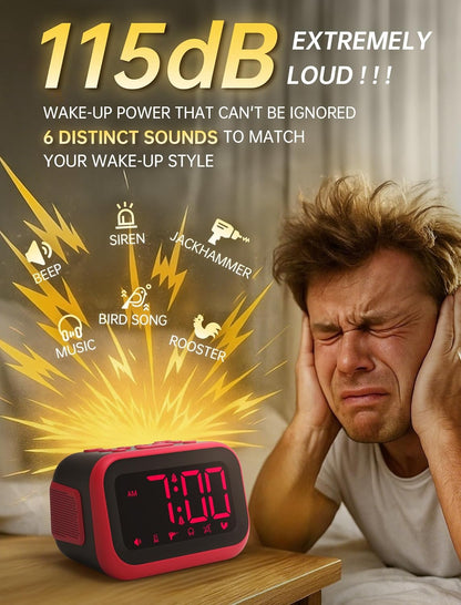 Loud Alarm Clock for Heavy Sleepers: 115dB Dual Alarms with 6 Unique Sounds for Bedroom Dorm Room Use - On-Time Wake Up for Teen College Students - Red