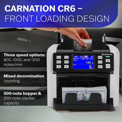 Carnation CR6 Mixed Denomination Money Counter Machine - Money Counter with UV/MG/IR Counterfeit Detection - 3 Speeds from 800~1000~1200N/M and Supported Currency USD/CAD/BRL/MXN/ARS/Pen/CLP/DOP/VES