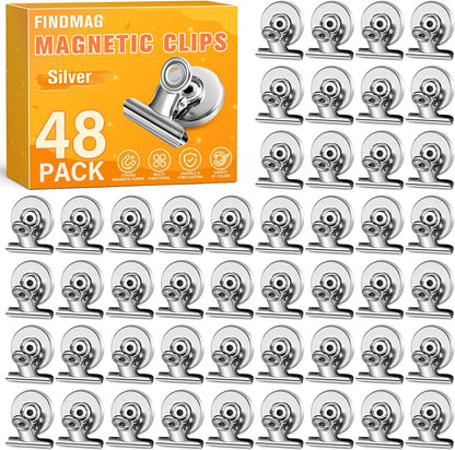 FINDMAG 48 Pack Magnetic Clips for Photo and Picture Display, Strong Scratch-Free Fridge Magnets, Heavy Duty Metal Clips for Picture Hanging, Kitchen, Office, Whiteboard, Silver.