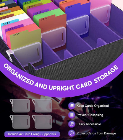 MoKo Trading Card Storage Box, 3000+ MTG Deck Box with 24 Colorful Dividers & 4 Card Supporters, Commander Card Deck Case Fits for Magic Game Cards, YugiOh, TCG, PTG and Sport Cards, Black Purple
