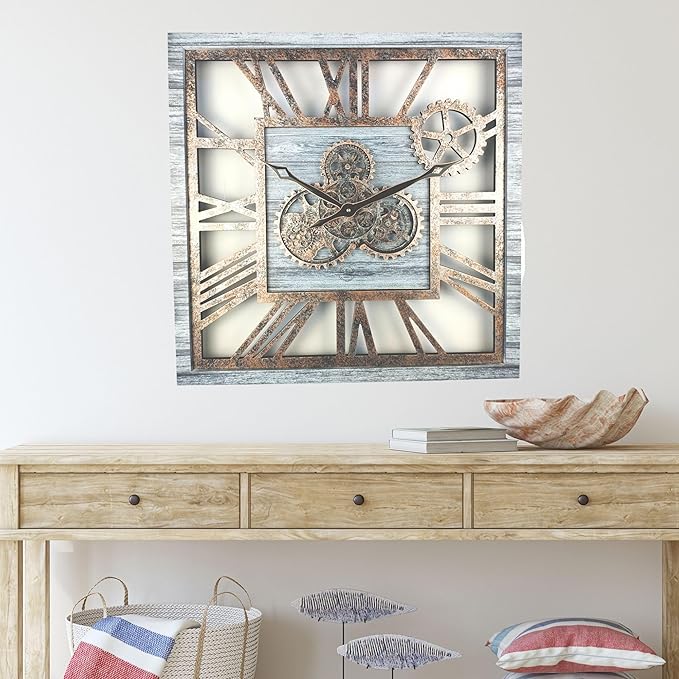 ImprovingLife The Gears Clock 24'' Inch Square Real Moving Gear Wall Clock Vintage Industrial Oversized Rustic Farmhouse (Silver Grey)