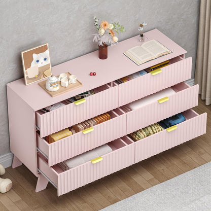 Fluted 6 Drawer Dresser, 47.2" Wide Modern Boho Chest of Drawers, Wooden Storage Dresser TV Stand for Bedroom, Living Room, Closet, Hallway, Curved Profile Design