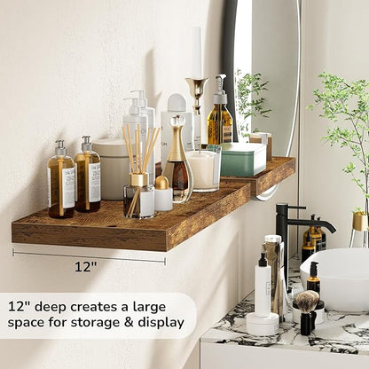 Fun Memories Floating Shelves - 2 Pack 12 Inch Deep Rustic Wooden Wall Shelves - Extra Deeper & Thicker Wall Mounted Storage Shelf for Living Room, Kitchen, Farmhouse - 16" W x 12" D x 1.5" H - Brown