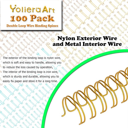 3:1 Pitch Double Loop Binding Wires, YolieraArt 100 Pack Spiral Spine Bindings, 9/16 Inch Wire Twin Binding for Book Binder Machine,Students and Coworkers (120 Sheet Capacity, 100P, Gold)