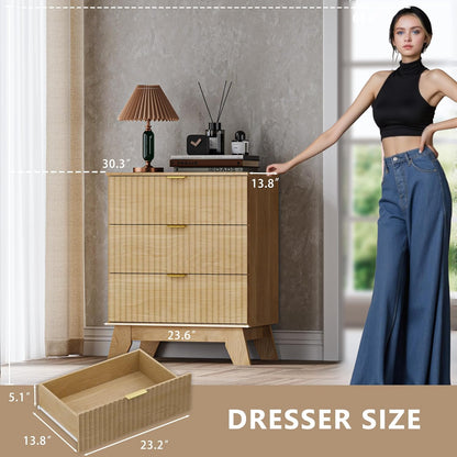 Fluted 3 Drawer Dresser, 30.3" Tall Compact Modern Boho Chest of Drawers, Wooden Storage Cabinet for Bedroom, Living Room, Entryway, Curved Profile Design