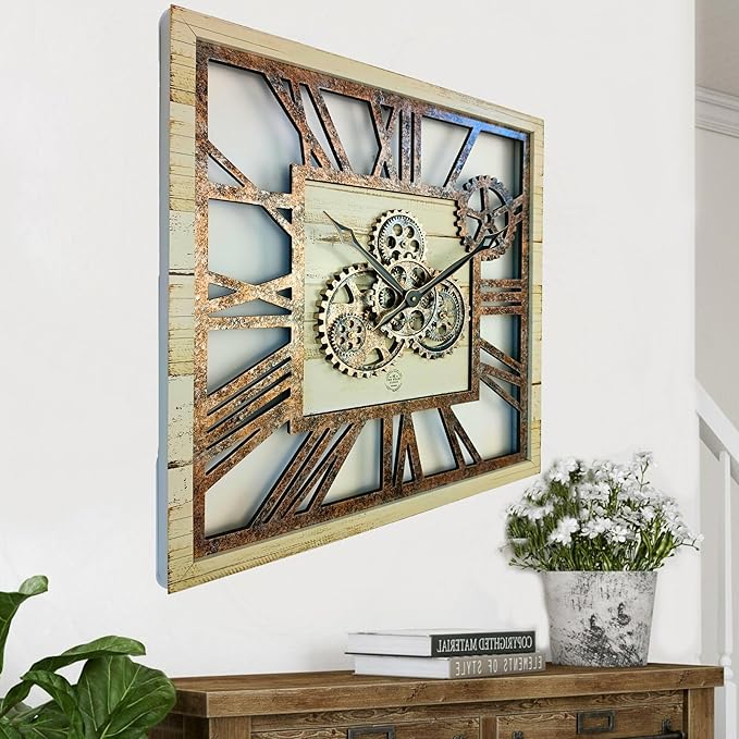 ImprovingLife The Gears Clock 24'' Inch Square Real Moving Gear Wall Clock Vintage Industrial Oversized Rustic Farmhouse (Desert Beige)