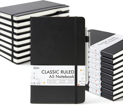 feela 18 Pack Journal Notebook for Work, Business Notebook Bulk Hardcover Lined Writing Journal with Pen Holder for Men Women Note Taking, with 18 Black Pens, 120 GSM, 5.1”x8.3”, A5, Black