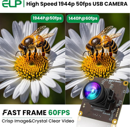 ELP 5MP Global Shutter 50fps USB Camera - Wide Angle Webcam for Live Streaming (100 No Distortion Lens)
