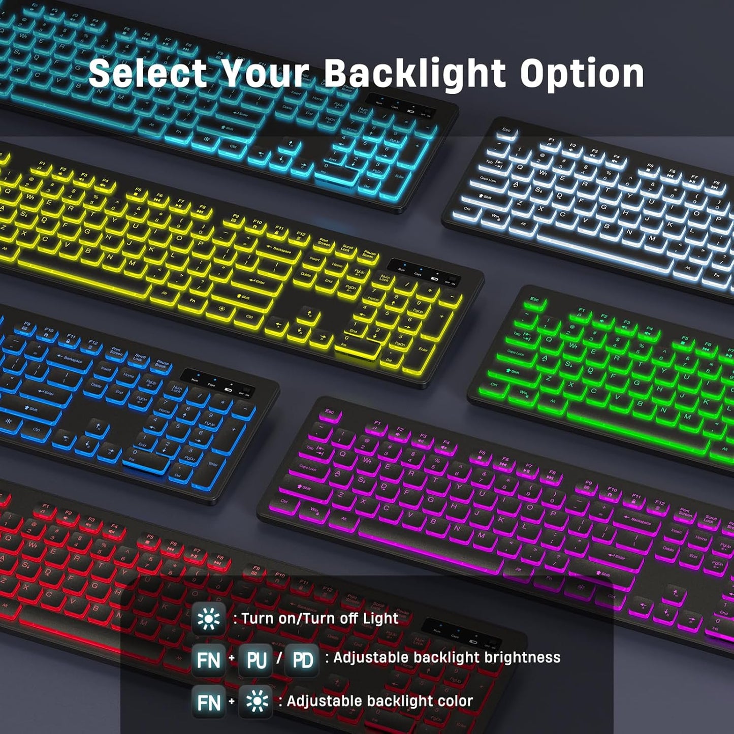 Backlit Wireless Keyboard, 2.4G Silent Wireless Light Up Keyboard, Full Size Computer Keyboards with 7 Colored Backlits, Rechargeable Keyboards for Windows, PC, Laptop (Black, Normative)