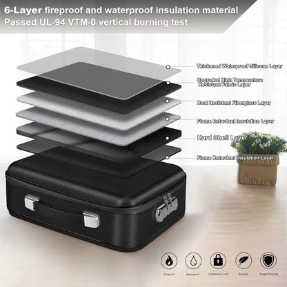 Fireproof Document Box, Hard Shell Fireproof Box, Document Organizer with Lock, Fireproof Water Resistant box, Portable Documents Safe Box for Important Document Certificates, Laptop, Passports, Black