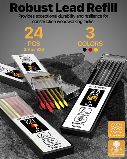 2PCS Carpenter Pencils with Sharpener, Heavy Duty Woodworking Tools, Mechanical Pencil Set with 26 Refills, Deep Hole Long Nib Marker Pens for Architect Marking with Case (Black, Red)