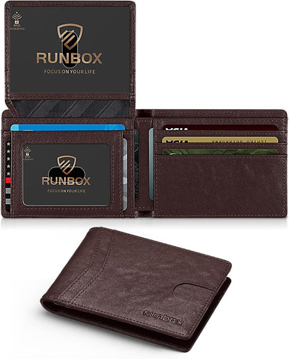 RUNBOX Wallet for Men Slim Rfid Leather 2 ID Window With Gift Box