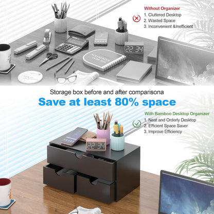 Bamboo Desk Organizer with Drawers Desktop Storage Drawers for Bills Office Supplies Kitchen Utensils Organizing Tool for Home Classroom Organization No Assembly (Black)