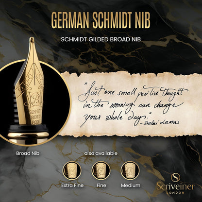 Scriveiner Black Lacquer Fountain Pen - Stunning Luxury Pen, Real Gold Finish, Schmidt Gilded Nib (Broad), Best Pen Gift Set for Men & Women, Professional, Executive, Office, Nice Pens
