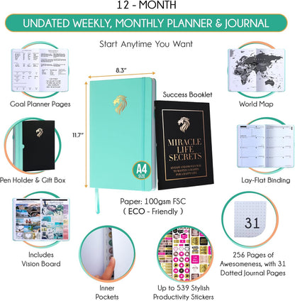 Life Planner - Undated Daily, Weekly & Monthly Planner with Budget Section | A 12 Month Journey to Increase Productivity & Happiness | Life Organizer & Gratitude Journal - Horizontal Format