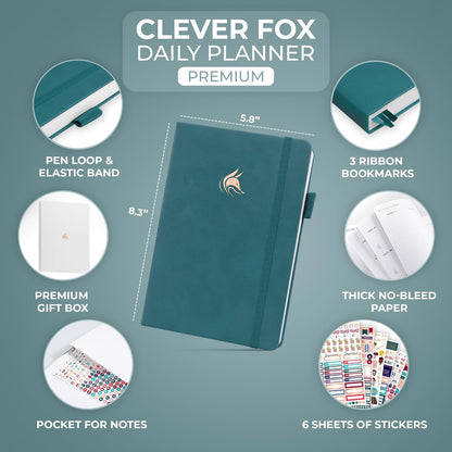 Clever Fox Planner Daily Premium – Undated Daily Planner with Hourly Schedule, Personal Organizer, Productivity Journal, 6 Months (Dark Teal)