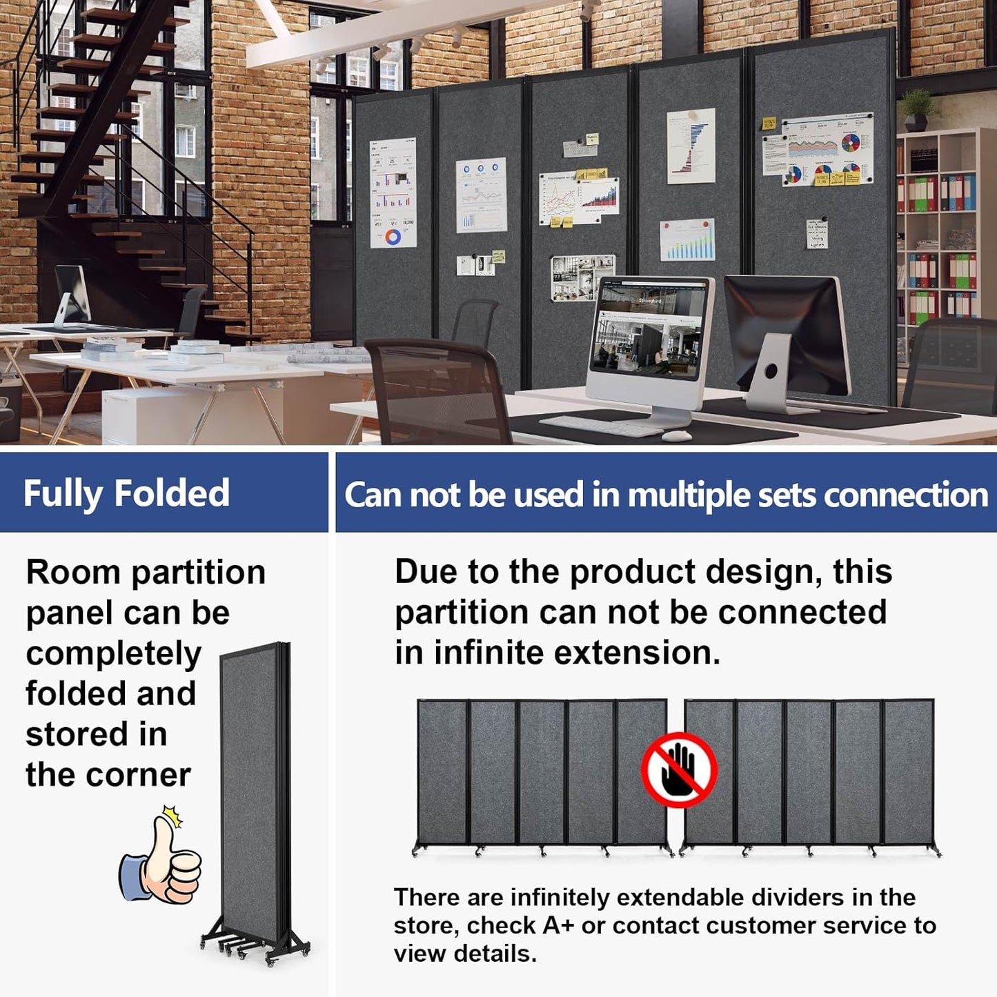 Room Partition,Folding Privacy Divider,Office Partition Dividers,Office Dividers Wall, 10'6"W x 6'7"H,Grey