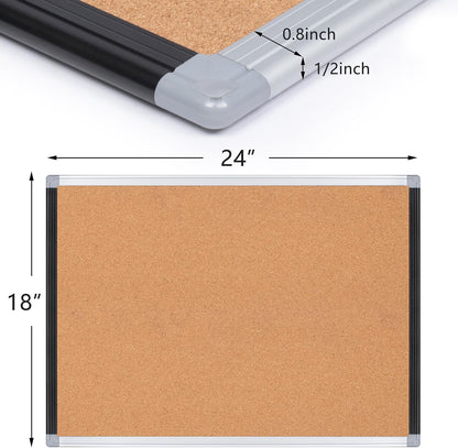 Board2by Cork Board Bulletin Board 24" x 18", Black/Sliver Aluminium Framed Corkboard, Office Board for Wall Decor, Large Wall Mounted Notice Pin Board with 18 Push Pins for School, Home & Office
