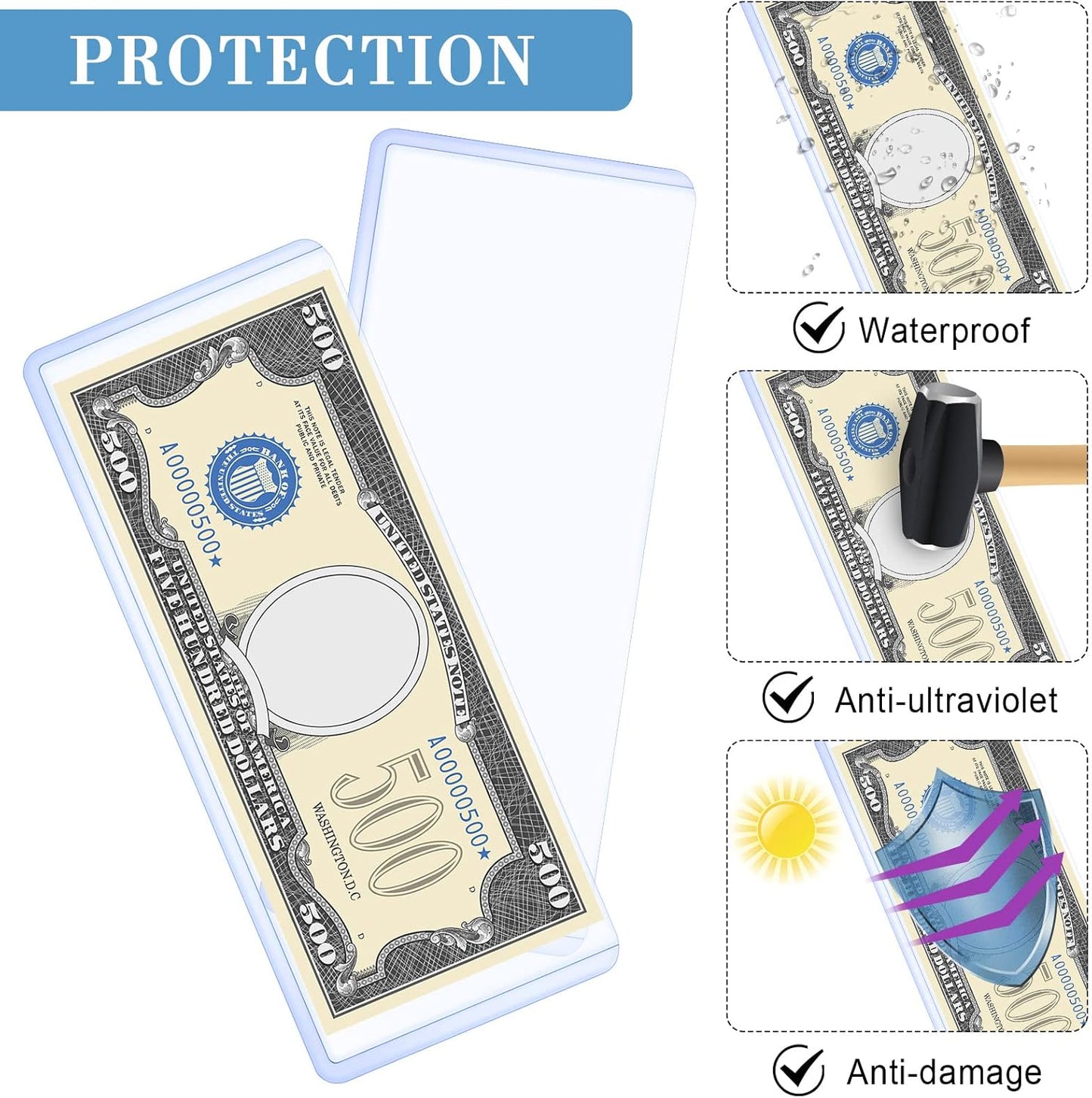 Sepamoon 10 Pieces Dollar Bill Sleeves, 6.9 x 2.95 Inch Hard Plastic Clear Currency Sleeves Waterproof Currency Holder Dollar Bills Display Protector Organizer Case Supplies for Collectors