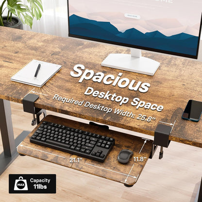 BONTEC KMT01 Under Desk Keyboard Tray, Pull-Out Keyboard & Mouse Platform with C-Clamp, 25.6 x 11.8 in Space-Saving Ergonomic Slide-Out Drawer, Rustic Brown