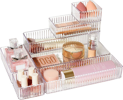 Vtopmart 7 PCS Clear Drawer Organizers Bins, 4-Size Stackable Makeup and Vanity Drawer Organizer Trays, Acrylic Bathroom Drawer Storage Containers for Cosmetic, Office Supply, Kitchen Utensils Gadgets