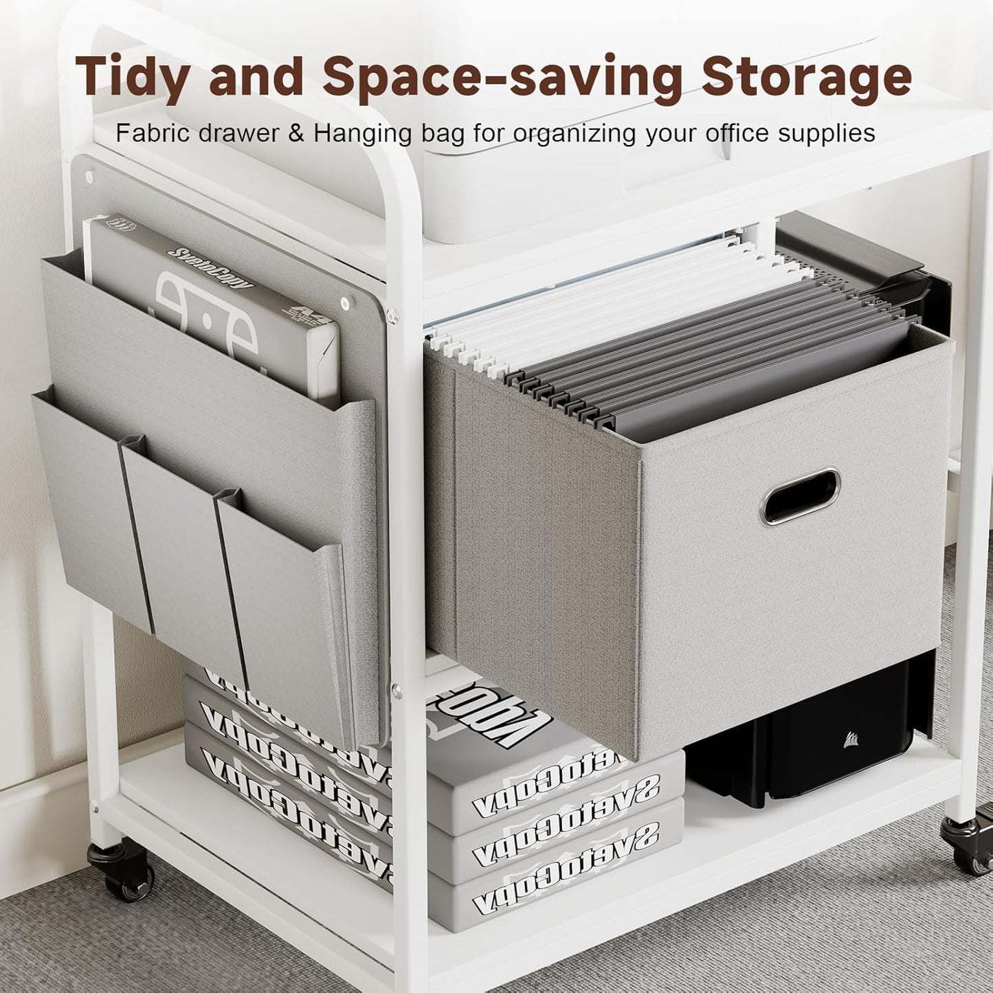 Large Printer Stand with Removable Storage Drawer, Mobile Printer Table with Charging Station and USB Ports for Home Office, Rolling Industrial Printer Cart with Wheels for Scanner Fax (White)