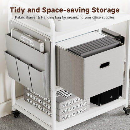 Large Printer Stand with Removable Storage Drawer, Mobile Printer Table with Charging Station and USB Ports for Home Office, Rolling Industrial Printer Cart with Wheels for Scanner Fax (White)