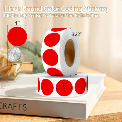 Red 1 Inch Round Color Coding Dot Labels, 10 Rolls 10000 Dot Stickers in Dispenser Box - Permanent Adhesion, Vibrant Colors, Highly Visible