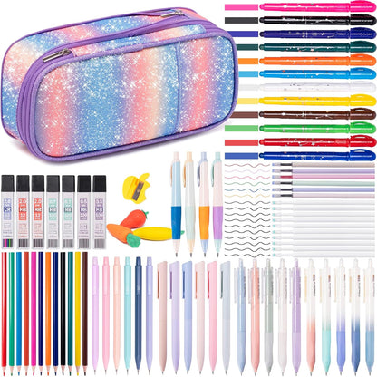 78 PCS Writing & Drawing Set with Cute Pen Case, Office Back to School Supplies Stationary 12 Pastel No Bleed Highlighters, 10 Mechanical Pencils Set 0.5 0.7 & 2.0mm, 6 Colored And 10 Black Gel Pens