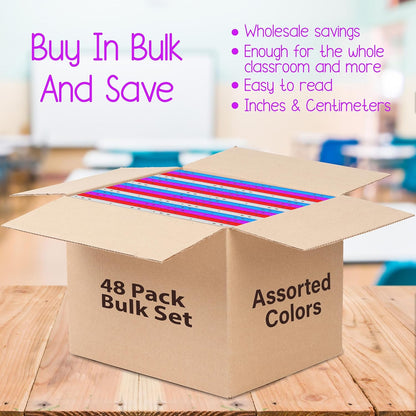 Rulers Bulk for Classroom (144 Bulk Pack) Plastic Ruler 12 Inch, Ruler with Centimeters and Inches, Rulers Bulk for Classroom, Bulk School Supplies Wholesale, Assorted Colors, (144 Pack Bulk)