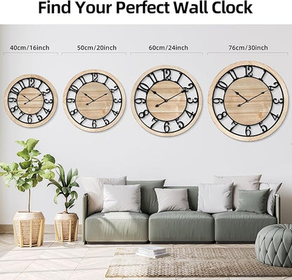 Maxstar 30'' Wall Clock for Living Room Decor, Silent Rustic Wooden Farmhouse Wall Clock with Metal & Real Wood Frame, Battery Operated, for Kitchen Bedroom Office, Arabic Numerals