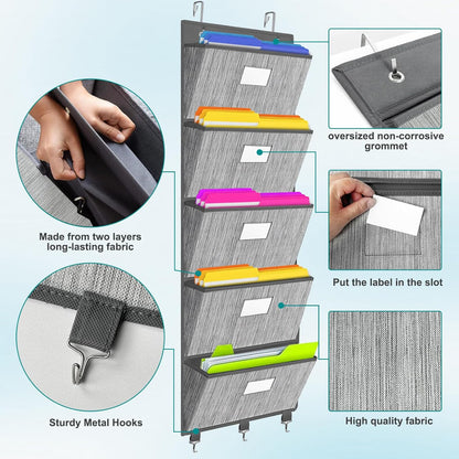 homyfort Over the Door File Organizer, Hanging File Folders, Wall Organizers and Storage for Mail, Magazine, Notebooks, Planners, Office, Classroom, 5 Extra Large Pockets, 50.39” Tall (Grey)