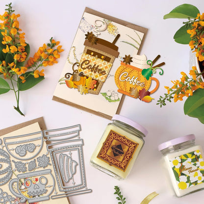 GLOBLELAND Halloween Pumpkin Coffee Cup Cutting Dies for Card Making Cat Ghost Bat Cut Die for DIY Scrapbooking Journal Embossing Paper Craft Decor