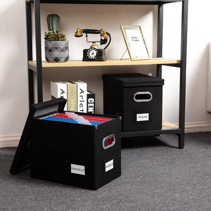 PRANDOM File Organizer Box - Set of 2 Collapsible Decorative Linen Filing Storage Hanging File Folders with Lids Office Cabinet Letter Size Black (14x9.3x10.8 inch)