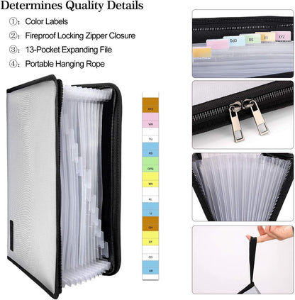 ENGPOW Expanding File Folder Important Document Organizer Fireproof and Waterproof Document Bag with A4 Size 13 Pockets Zipper Closure Non-Itchy Silicone Coated Portable Filing Wallet Pouch(Silver)