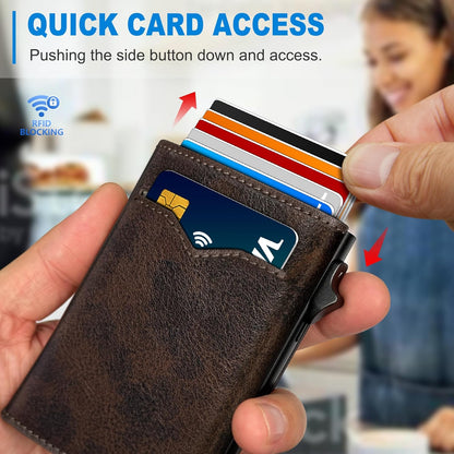 Wallet for Men,with Cash Pocket 2 ID Window 9-13 Cards,Metal Case Smart Slim Pop Up Credit Card Holder Flip with Magnetic Closure RFID Blocking Trifold wallet with Gift Box