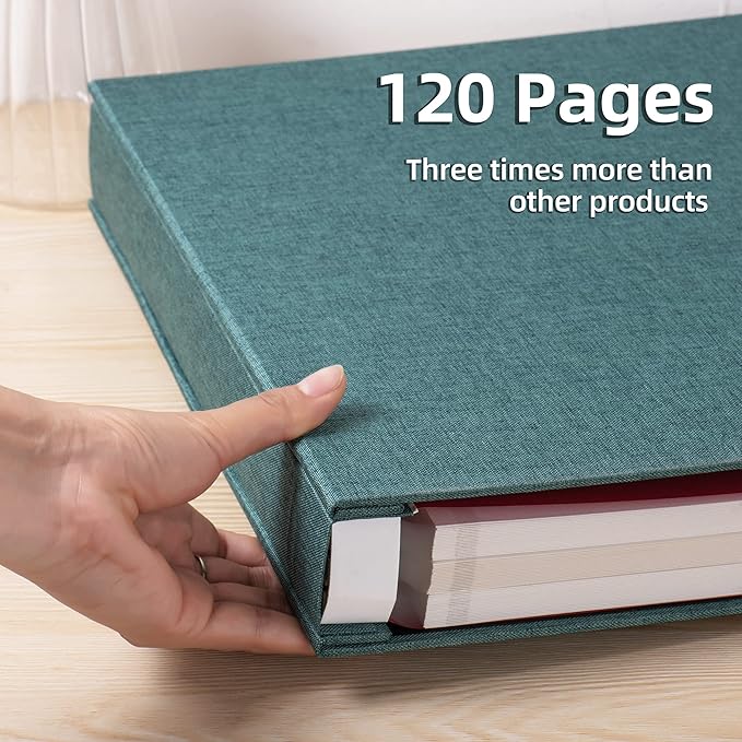 Large Photo Album Self Adhesive 4x6 5x7 3x5 8.5x11 Scrapbook Magnetic Album DIY Scrap Book Length 13 x Width 12.8 (Inches) 120 Sticky Pages Linen Cover DIY Photo Album (Dark Green)