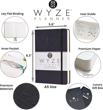 Undated Daily Planner – 6-Month A5 Productivity Organizer with Full Page Per Day, Hourly Schedule, Goal Setting, Habit Tracker, Weekly & Monthly Pages – Hardcover Time Management Notebook (Black)
