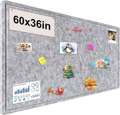 Large Bulletin Board, Foldable 60x36 Inches Cork Board Alternative, Large Felt Board Decorative Pin Board for Wall, Foldable Photo Board Self-Adhesive Vision Board with 36 Pushpins Light Gray