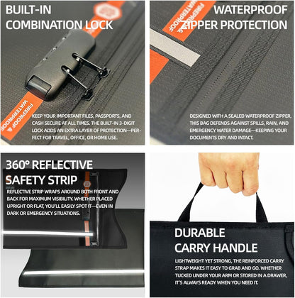 Fireproof Document Bag (Black) – Waterproof Zipper & Lock – for Home, Office & Travel – Holds Files, Cash, Passport, Valuables – Fire & Water Resistant