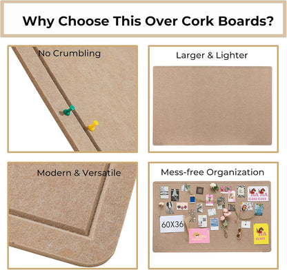 Foldable Large Felt Bulletin Board for Wall 60"x 36", Decorative Picture Framed Display Board with Self-Adhesive Tape for School, Home, Kitchen & Office Walls, Includes 30 Pins, Oatmeal