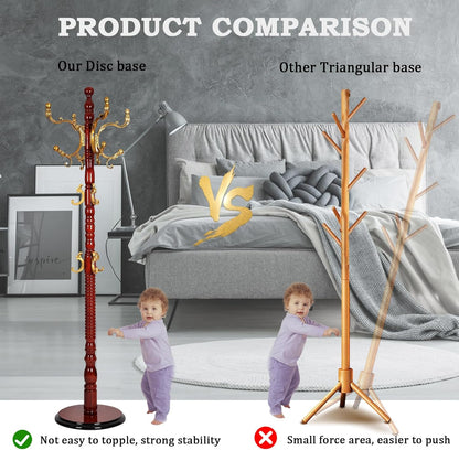 Coat Racks Free Standing with 14 Hooks, Natural Wood Coat Rack with Solid Round Base, Adjustable Height Coat Racks, Easy Assembly for Hallway, Bedroom and Office (Begonia color)