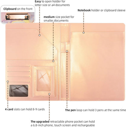 Leather Portfolio Binder Folder Storage Clipboard Pink Padfolio for School Side Straps Document Organizer