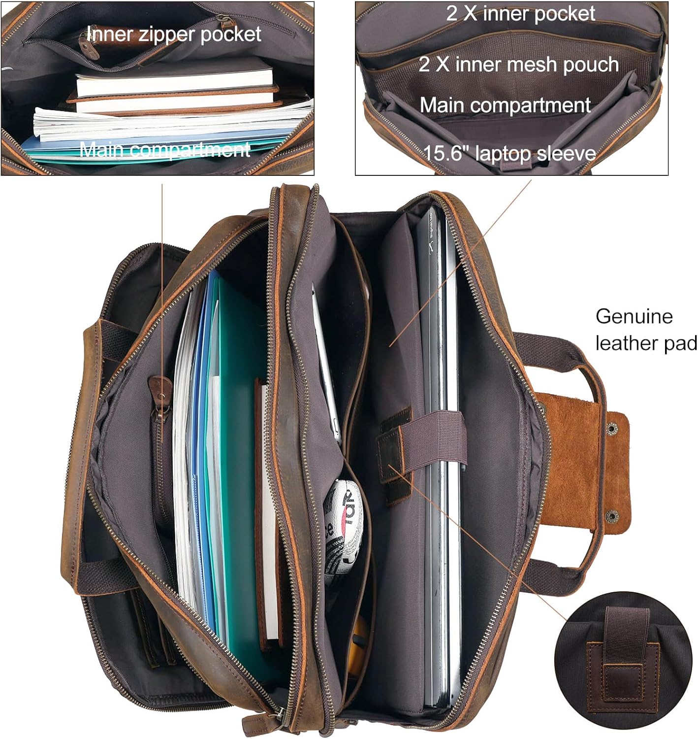 Leather Briefcase for Men 17 Inch Laptop Crossbody Shoulder Messenger Bag Attache Case for Business Travel Work Lawyer