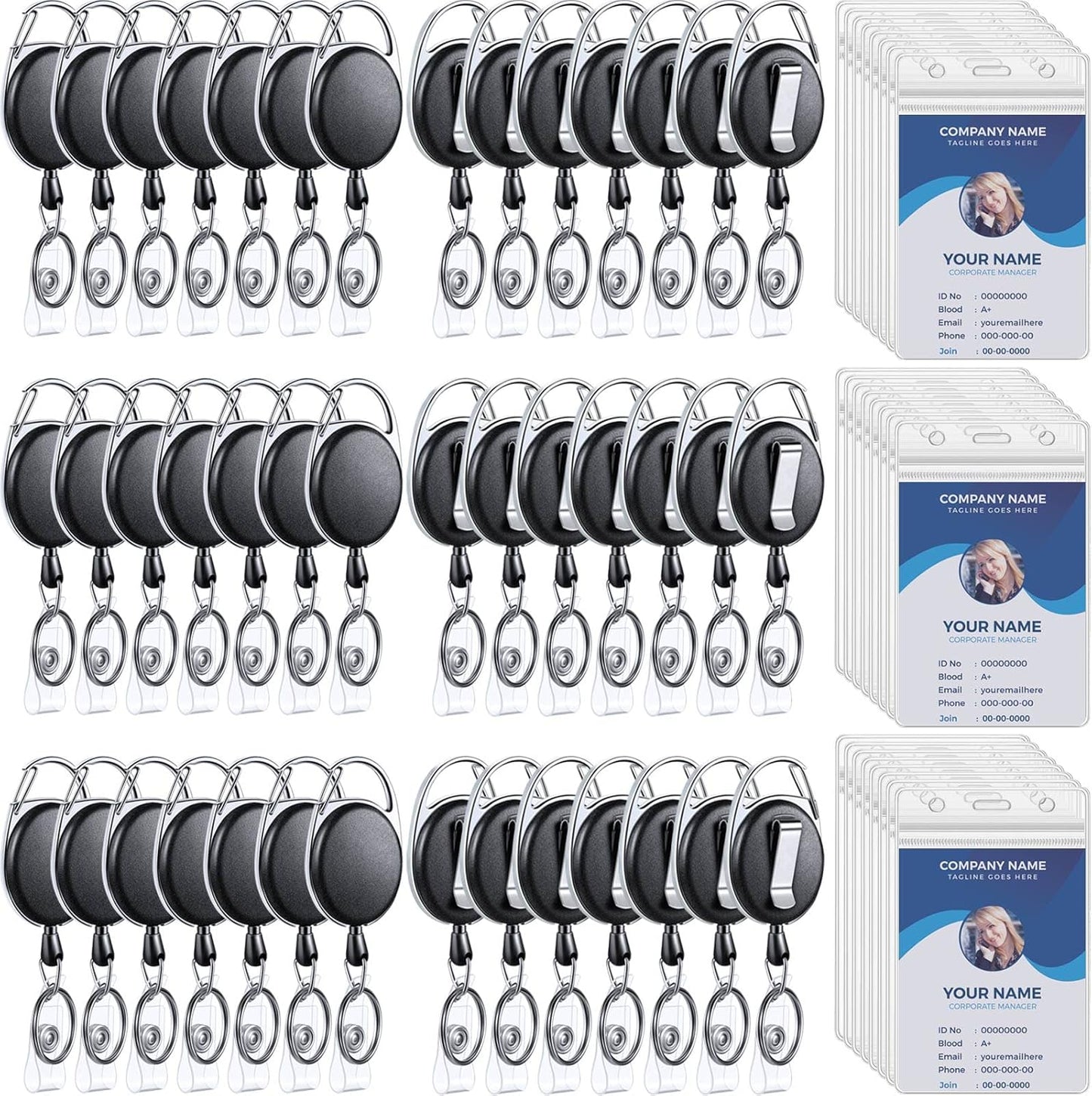 Laumoi Heavy Duty Retractable Badge Holder Reel with Belt Clip Keyring and Waterproof Vertical ID Card Holders for ID Name Card Keychain Badge(Black,60 Pack)