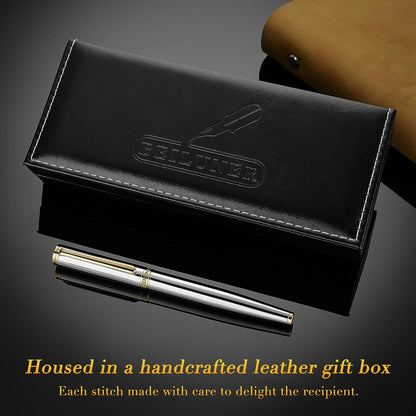 BEILUNER Silver Chrome Fountain Pen,Stunning Luxury with 24K Gold Accents, Gorgeous 24K Gilded Nib(Fine), Trustworthy Pen Gift for Men&Women -Ink Converter-Elegant, Graduation,Nice Pen for Writing